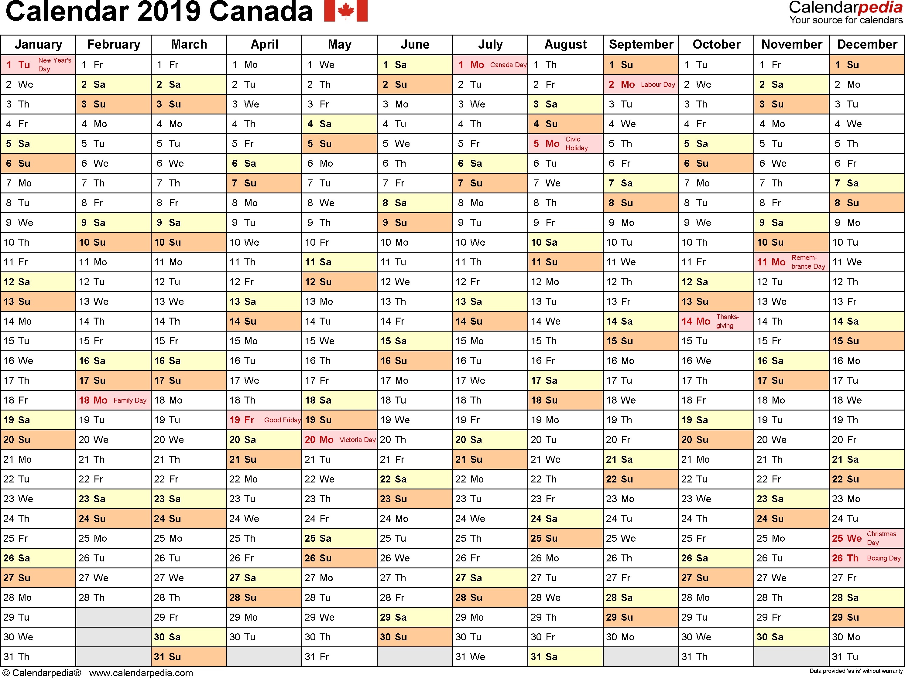 Canada Calendar 2019 - Free Word Calendar Templates intended for Canadian Printable Academic Calendar 2019-2020