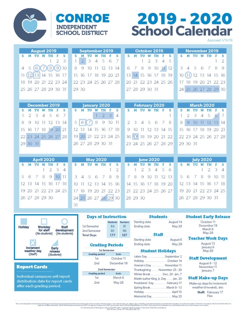 Conroe Isd Trustees Approve 19-20 School Calendar - Conroe Isd regarding Special Calendar Days 2020