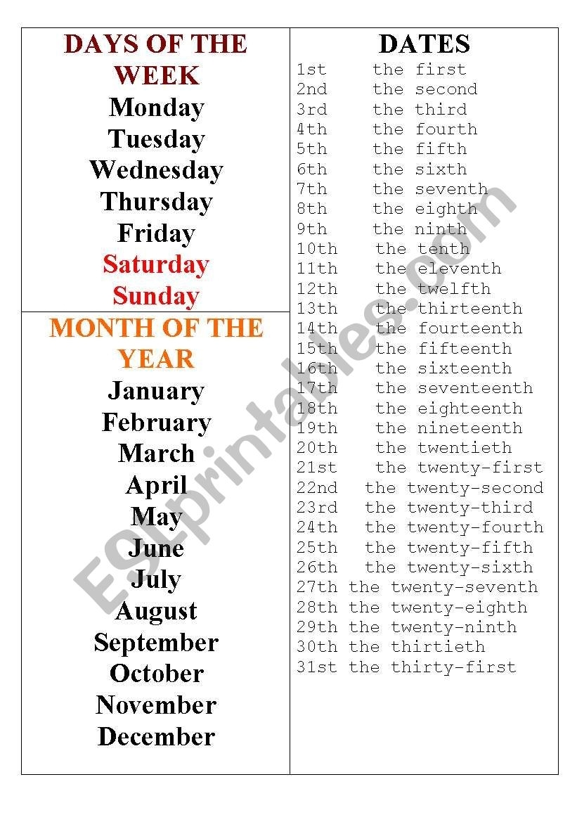 Day Month Date - Esl Worksheetghoksana with Days Of The Month Images