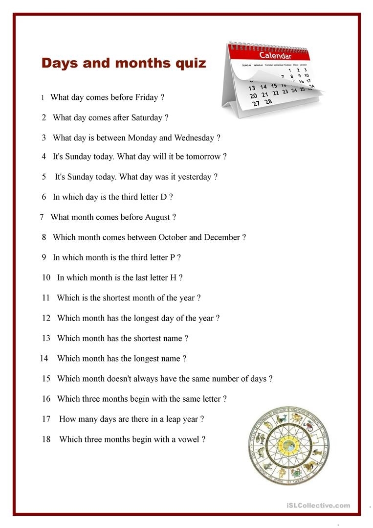 Days And Months Quiz Worksheet - Free Esl Printable Worksheets Made throughout Days Of The Month Images