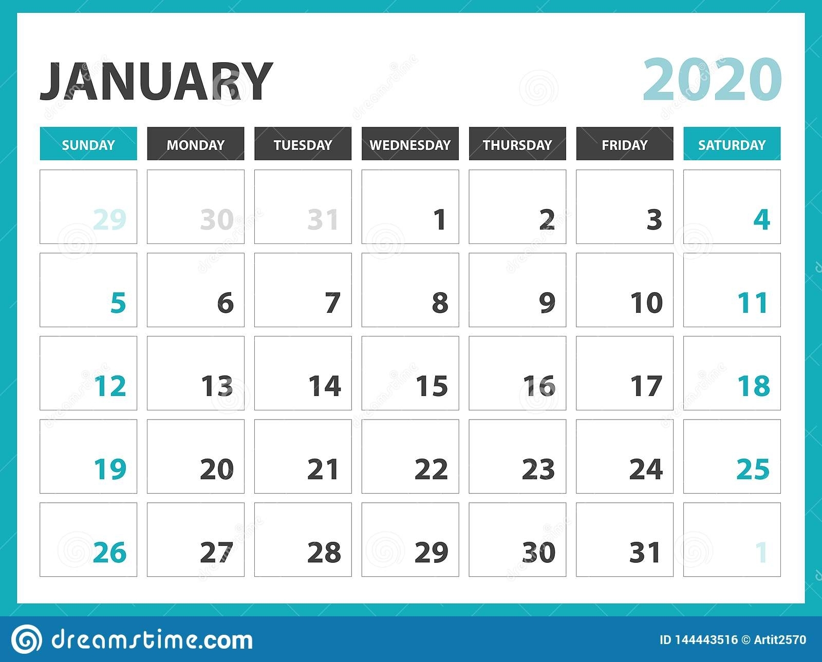 Desk Calendar Layout Size 8 X 6 Inch, January 2020 Calendar Template with Pretty Printable Calendar 2020 Without Download