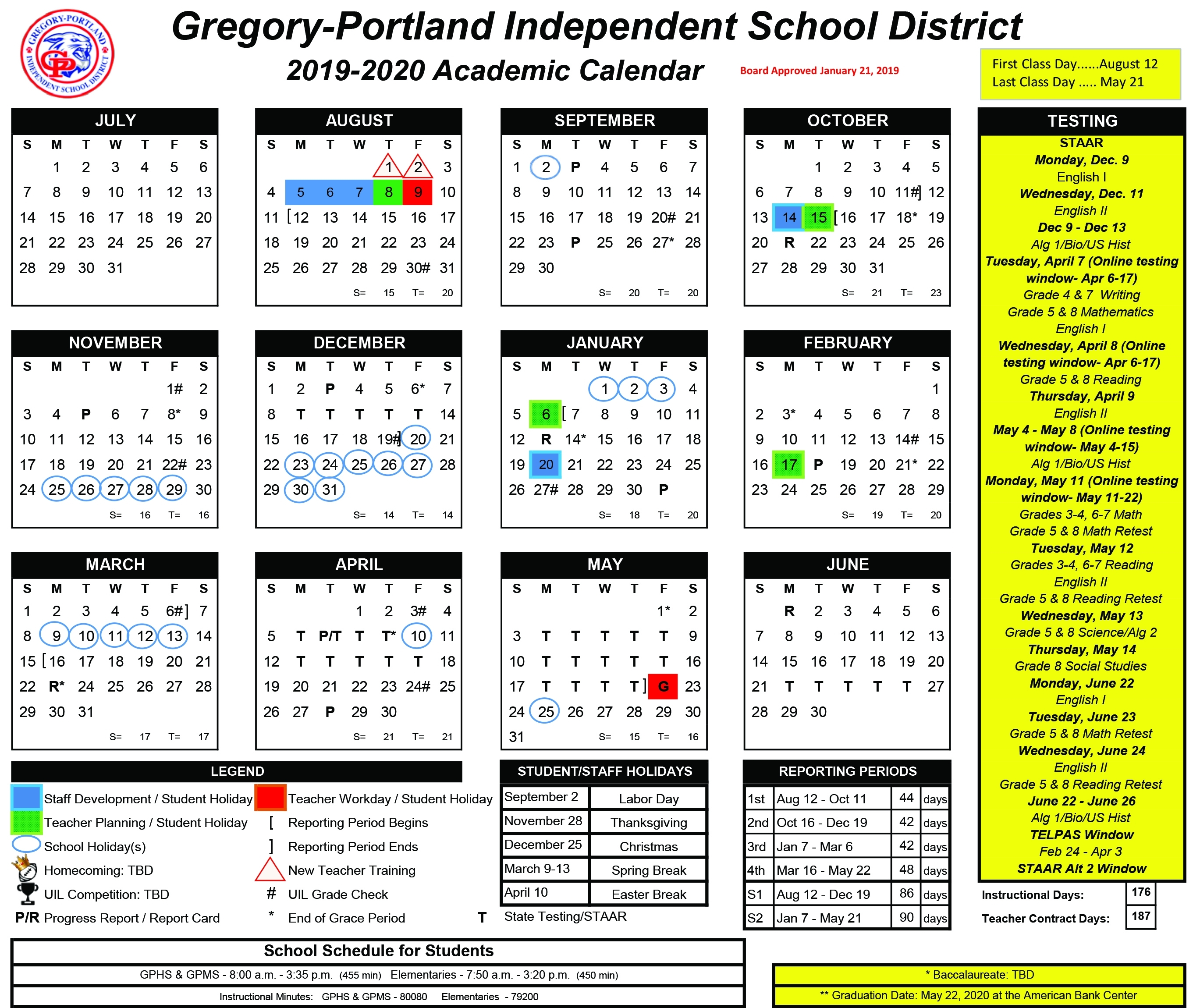 District Calendar, 2019-20 - Gregory-Portland Independent School for Sfasu School Schedule 2019 2020