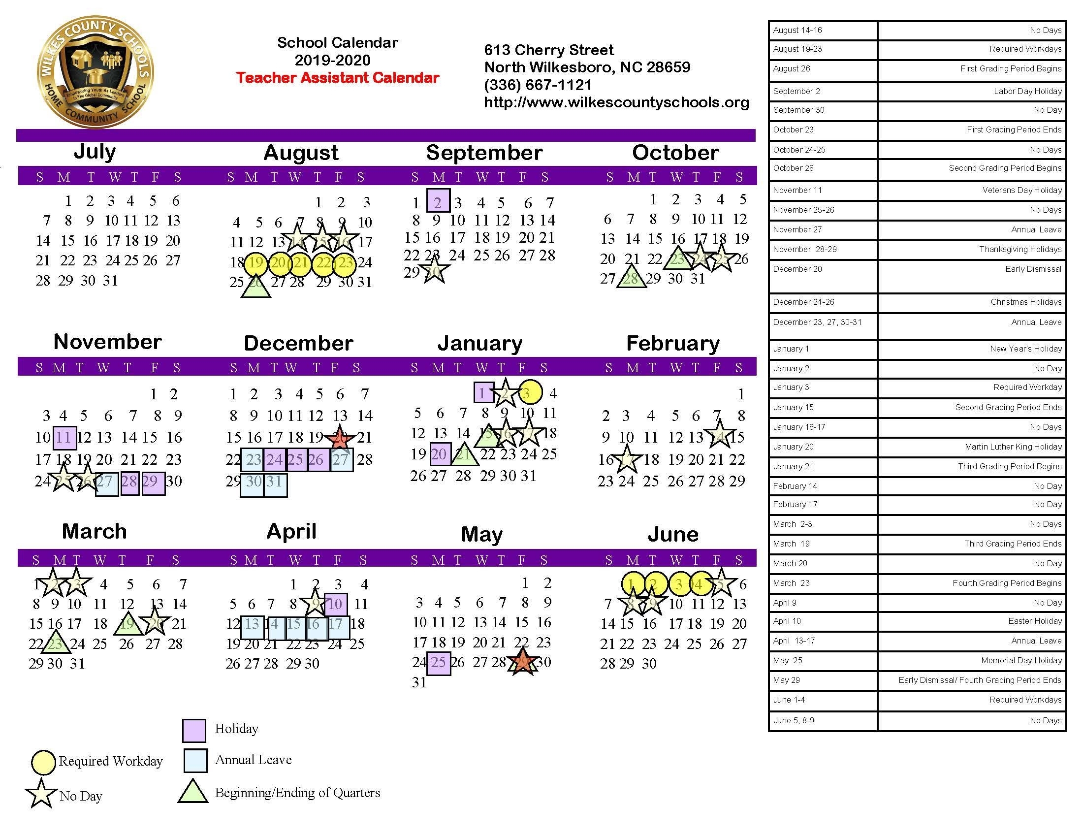 District Calendars – District – Wilkes County Schools with regard to U Of R Calendar 2019-2020