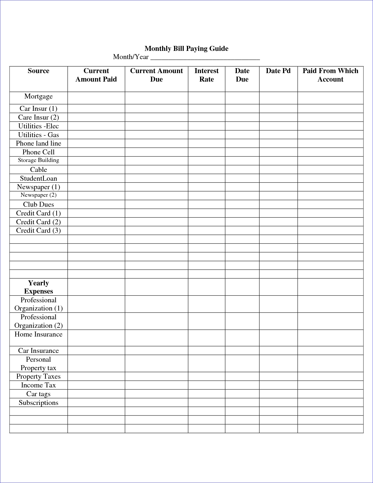 Downloadable Monthly Bill Paying Organizer And Schedule Template for Printable Bill Payment Month Year