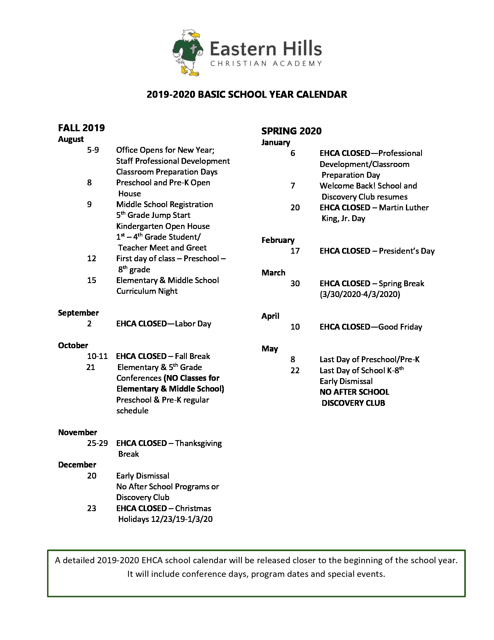 Eastern Hills Christian Academy | Preschool Elementary Middle School throughout Unm Calendar 2019-2020