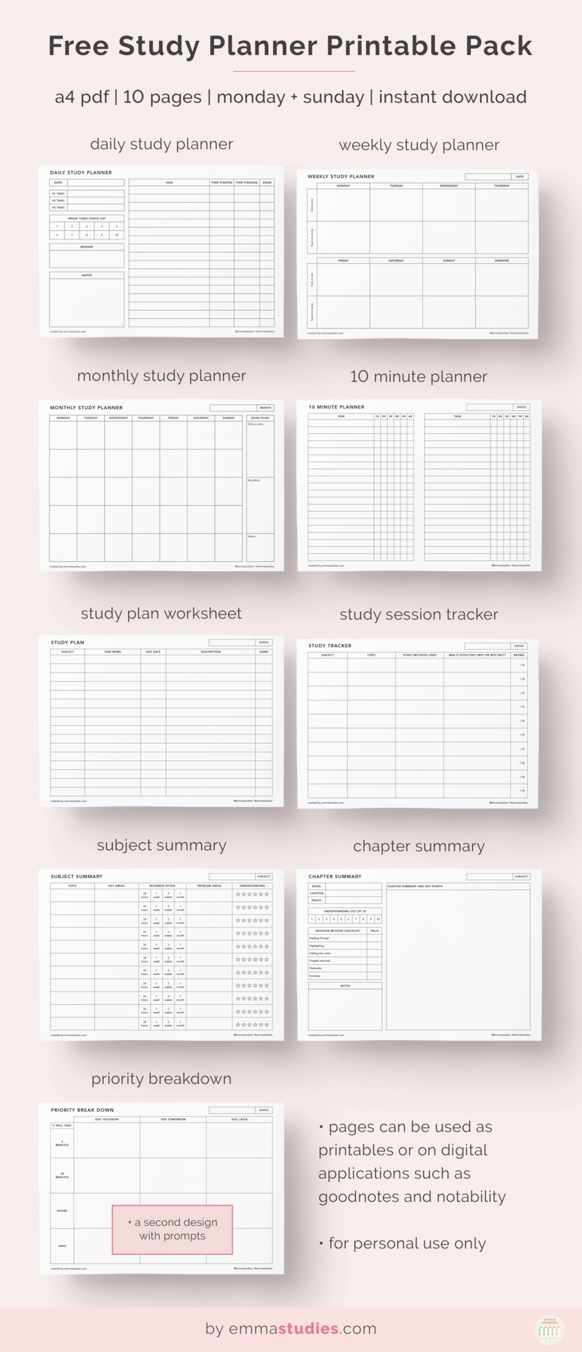 Emma&#039;s Studyblr — Free Study Planning Printable Pages! Here Are inside Printable Monthly Organiser Pages Monday To Sunday