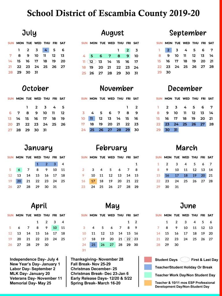 Escambia County Schools Calendar 2019-2020 | Us School Calendar in Uc Berkeley 2019 2020 Calendar