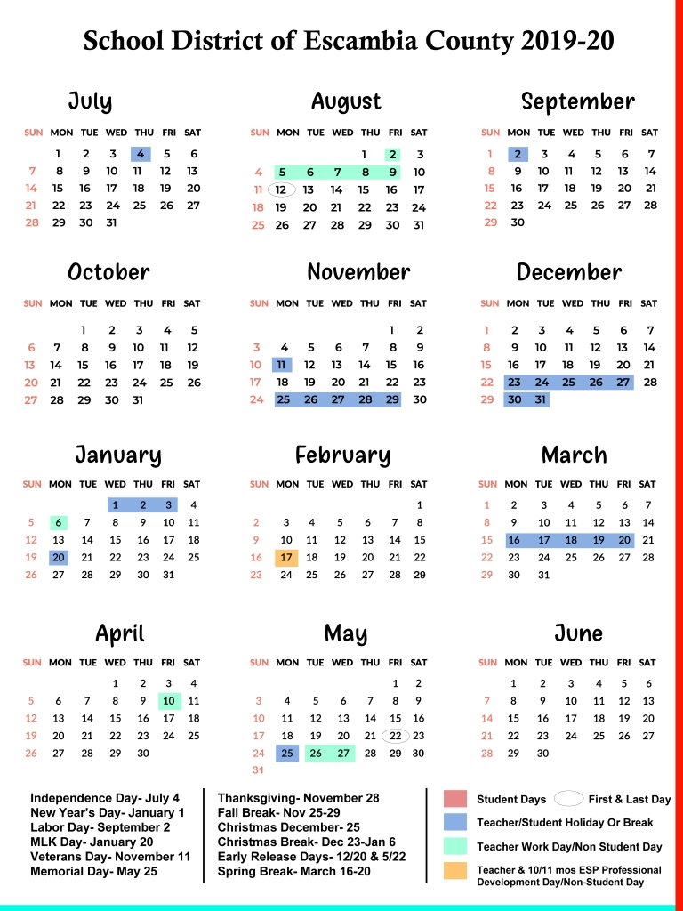 Escambia County Schools Calendar 2019-2020 | Us School Calendar with Uc Berkeley Calendar 2019 2020