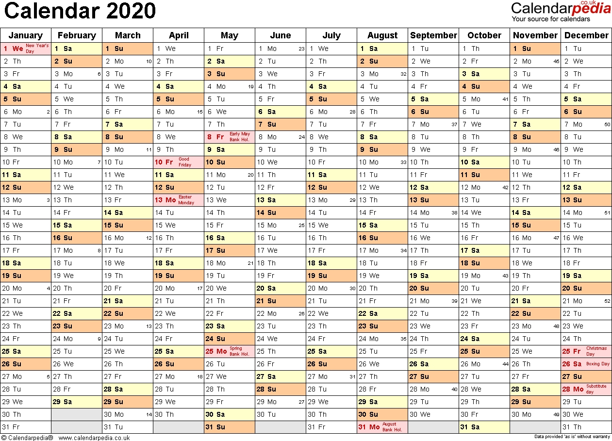 Excel Calendar 2020 (Uk): 16 Printable Templates (Xlsx, Free) throughout 2020 Calendar With Week Numbers In Excel