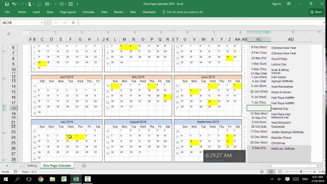 Excel - Customizable Calendar For Year 2016,2017, 2018, 2019, 2020 regarding Excel 2020 Calendar Year Formula