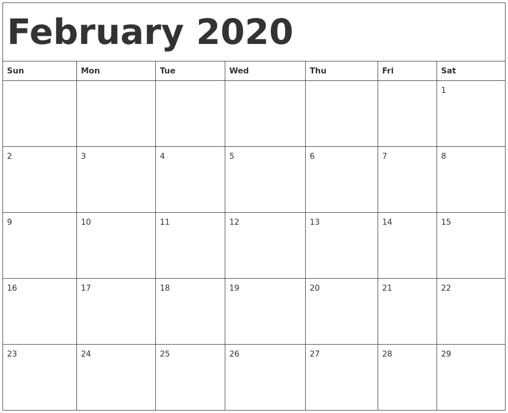 February 2020 Calendar Template with 2020 Calendars To Fill In