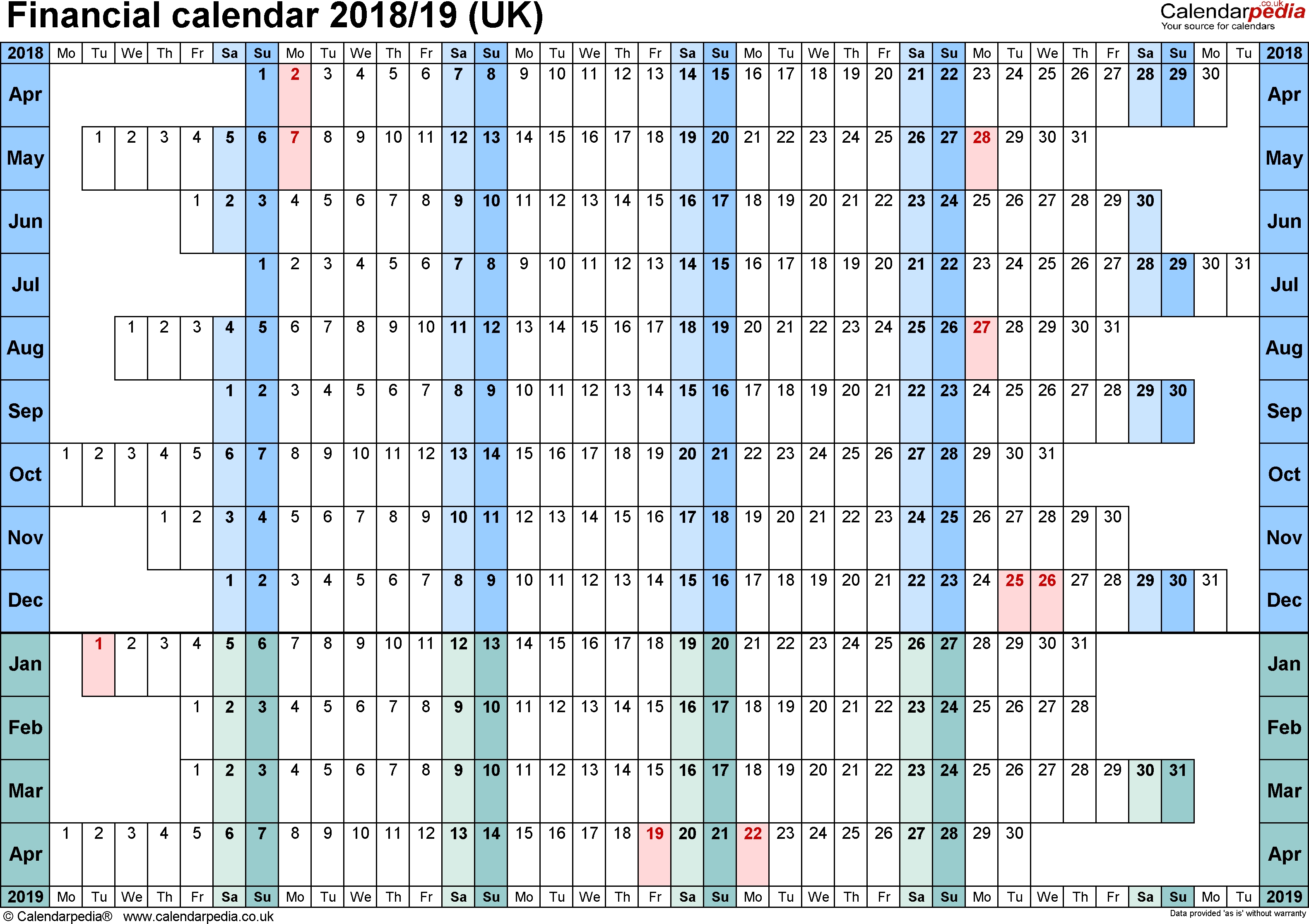 Financial Calendars 2018/19 (Uk) In Microsoft Word Format with regard to Hmrc Tax 2019 - 2020 Calendars
