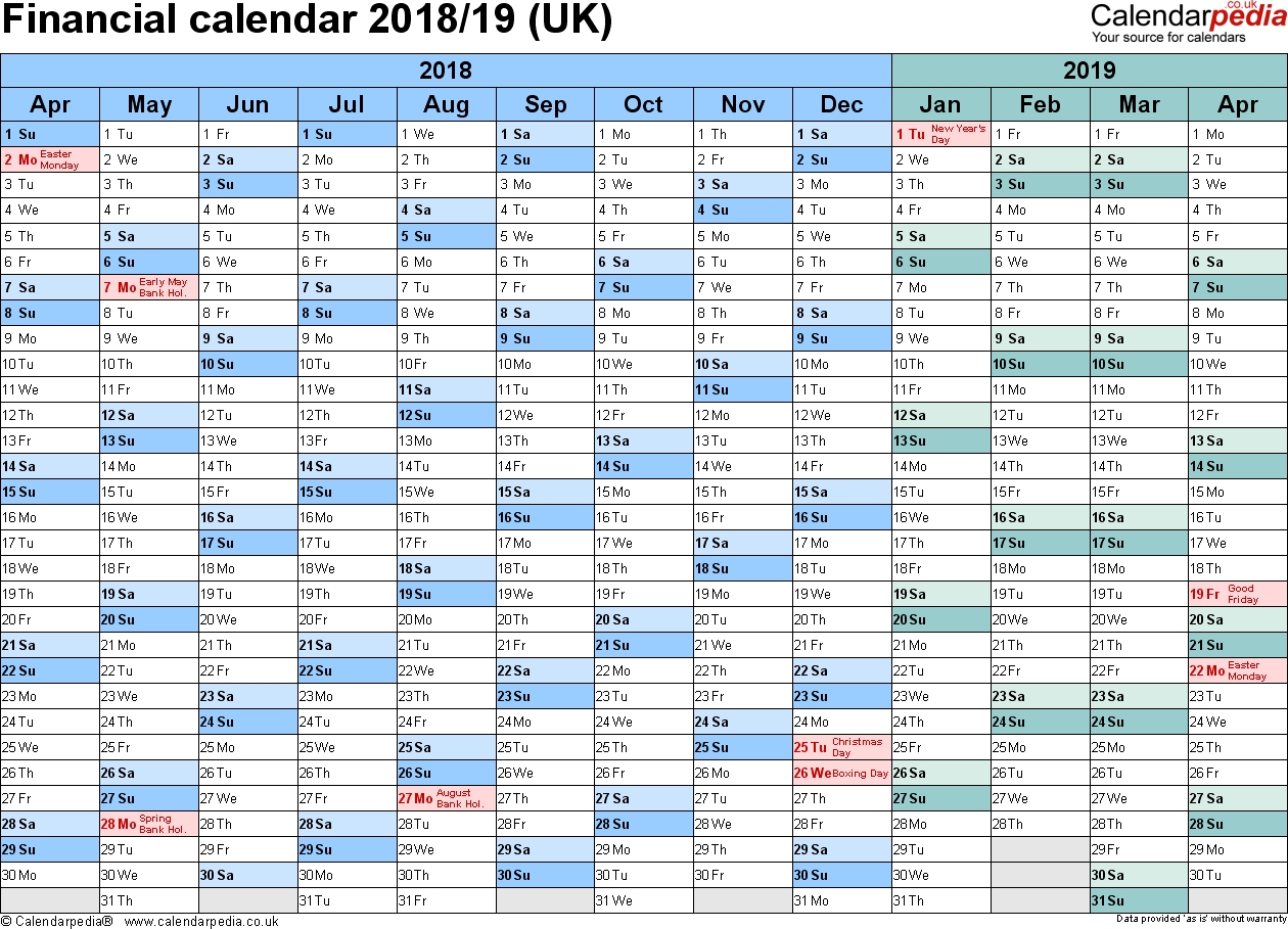 Financial Calendars 2018/19 (Uk) In Pdf Format intended for Hmrc Tax Weekly Calander 2019-2020