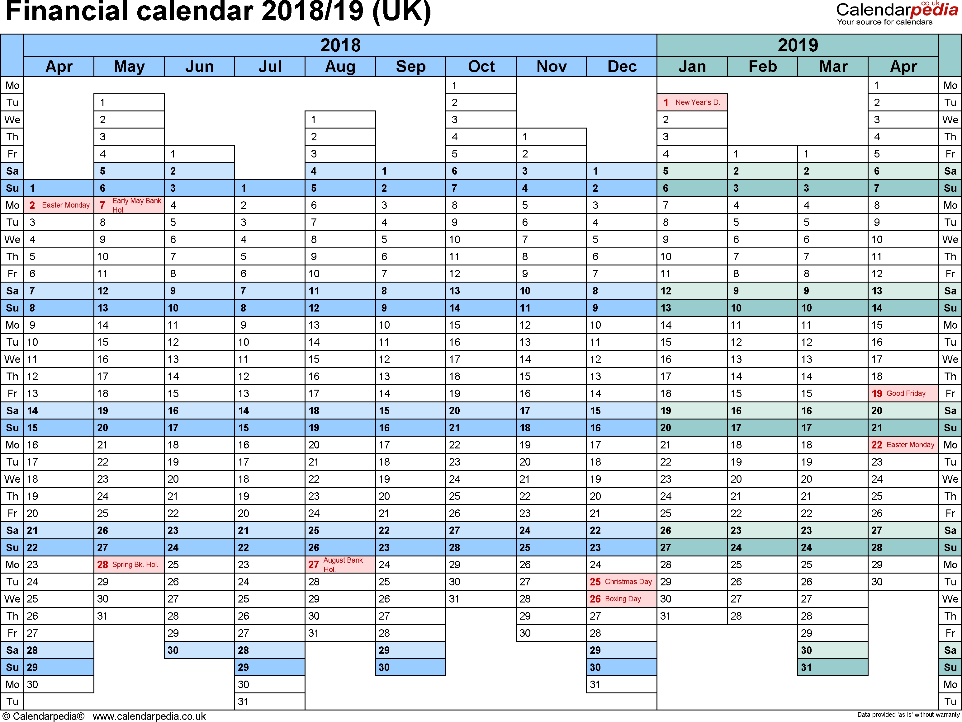 Financial Calendars 2018/19 (Uk) In Pdf Format regarding Hmrc Tax Week Calendar 2019 2020