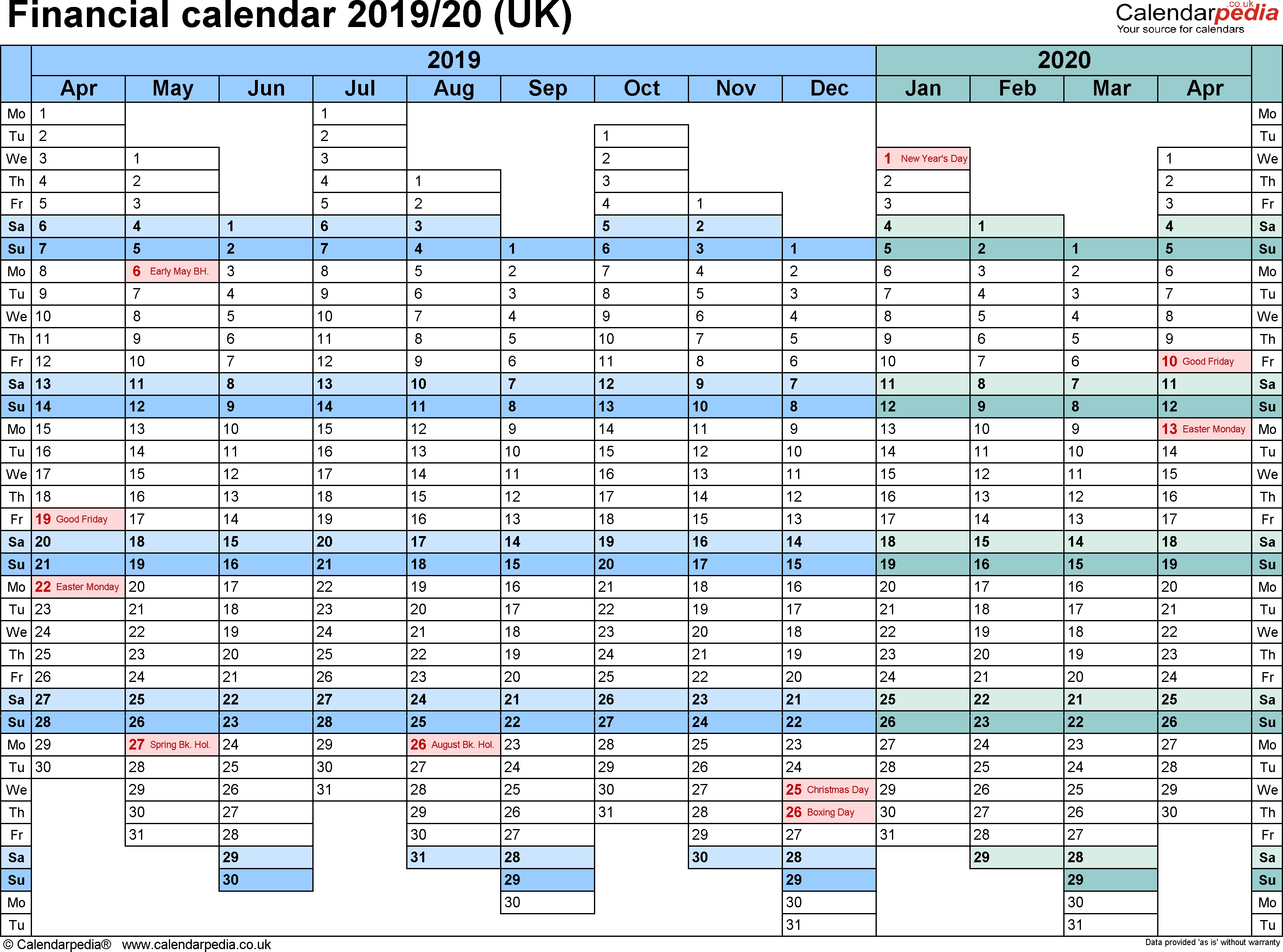 Financial Calendars 2019/20 (Uk) In Microsoft Excel Format intended for Tax Week Calendar 2019 2020