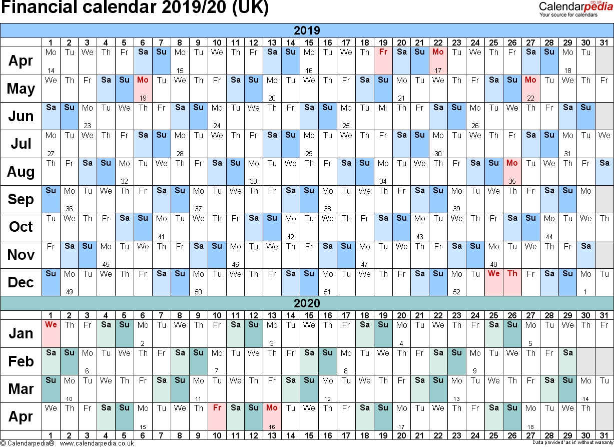 Financial Calendars 2019/20 (Uk) In Pdf Format for Hmrc Fortnightly Tax Calendar 2019 2020