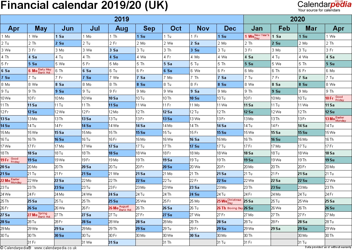 Financial Calendars 2019/20 (Uk) In Pdf Format intended for Hmrc Fortnightly Tax Calendar 2019 2020
