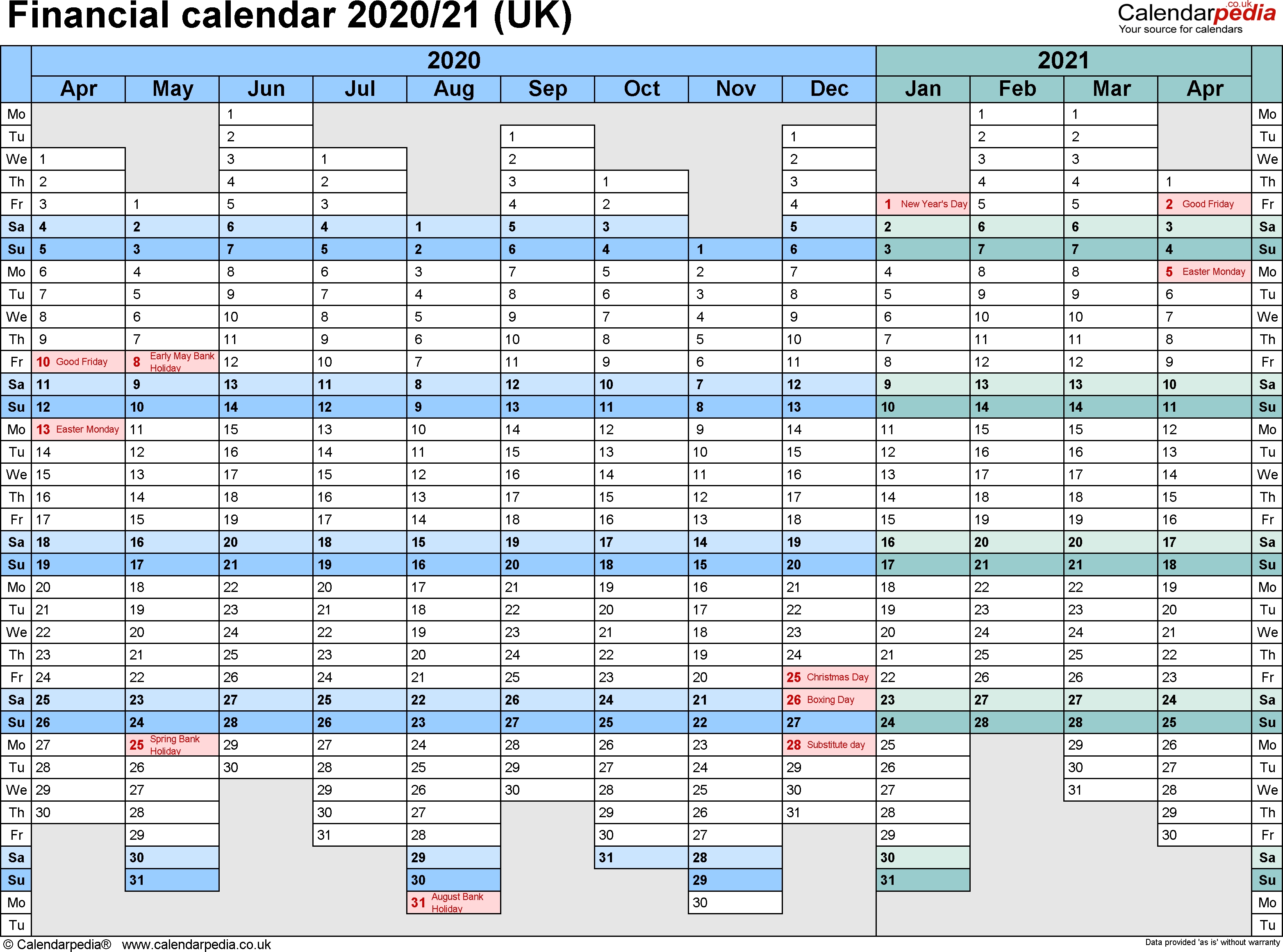 Financial Calendars 2020/21 (Uk) In Pdf Format throughout Hmrc Paye Calendar 2019/2020