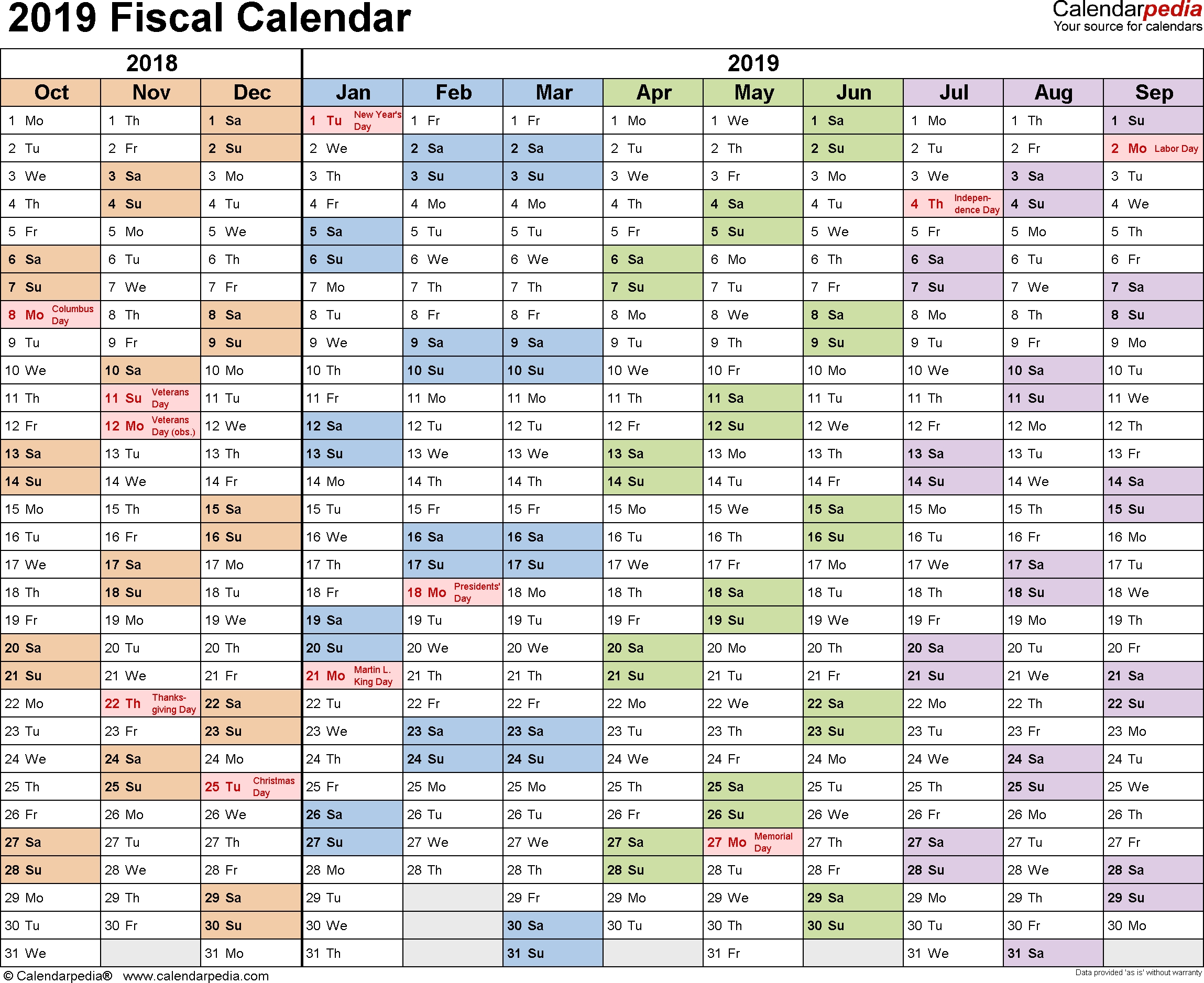 Fiscal Calendars 2019 As Free Printable Pdf Templates intended for Print 2019/2020 Financial Year Calendar On One Page