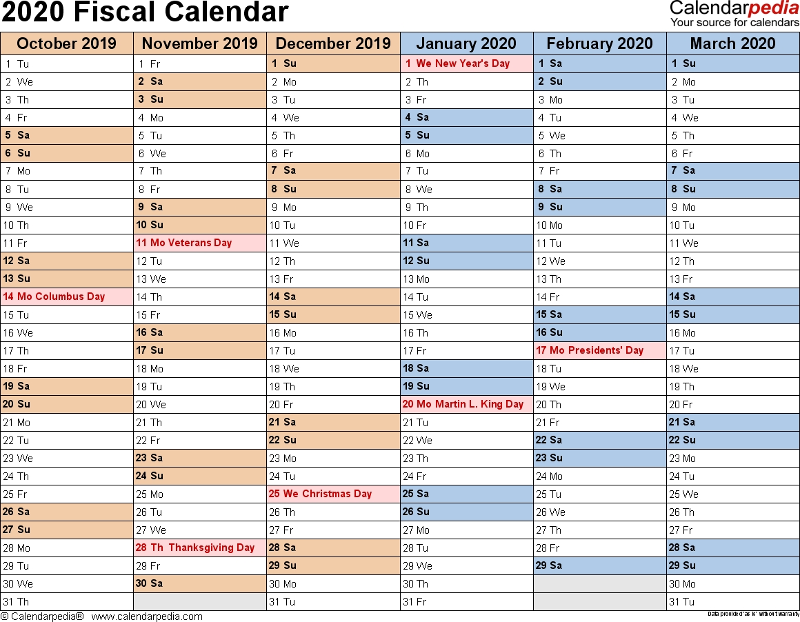 Fiscal Calendars 2020 As Free Printable Pdf Templates inside 2019/2020 Year Quarters