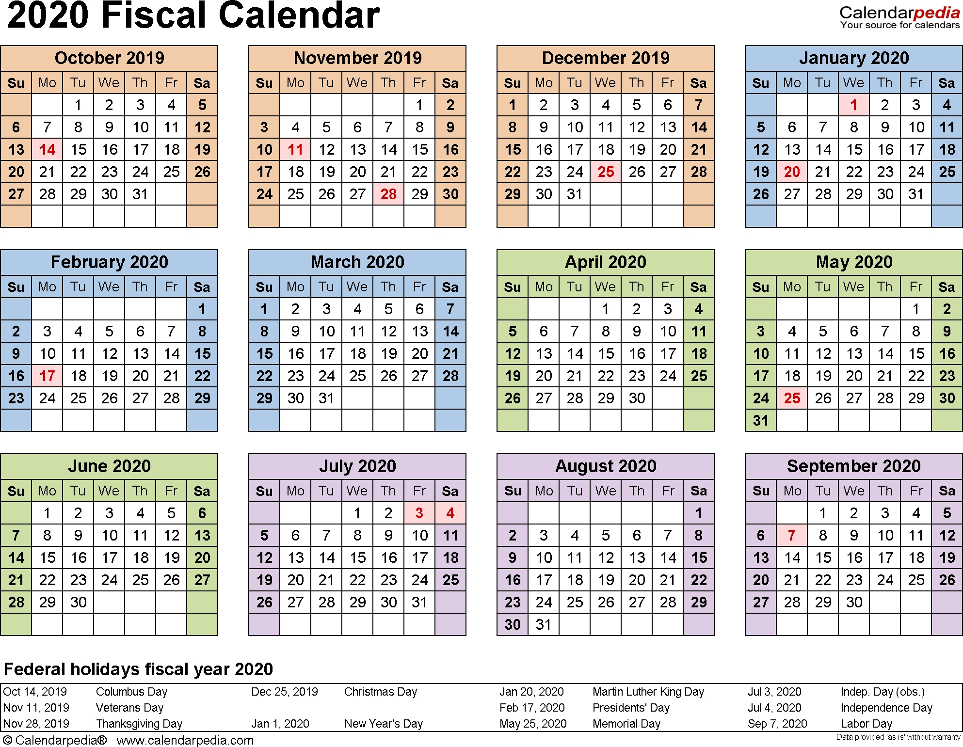 Fiscal Calendars 2020 As Free Printable Pdf Templates intended for Year Calendar 2020 Special Days