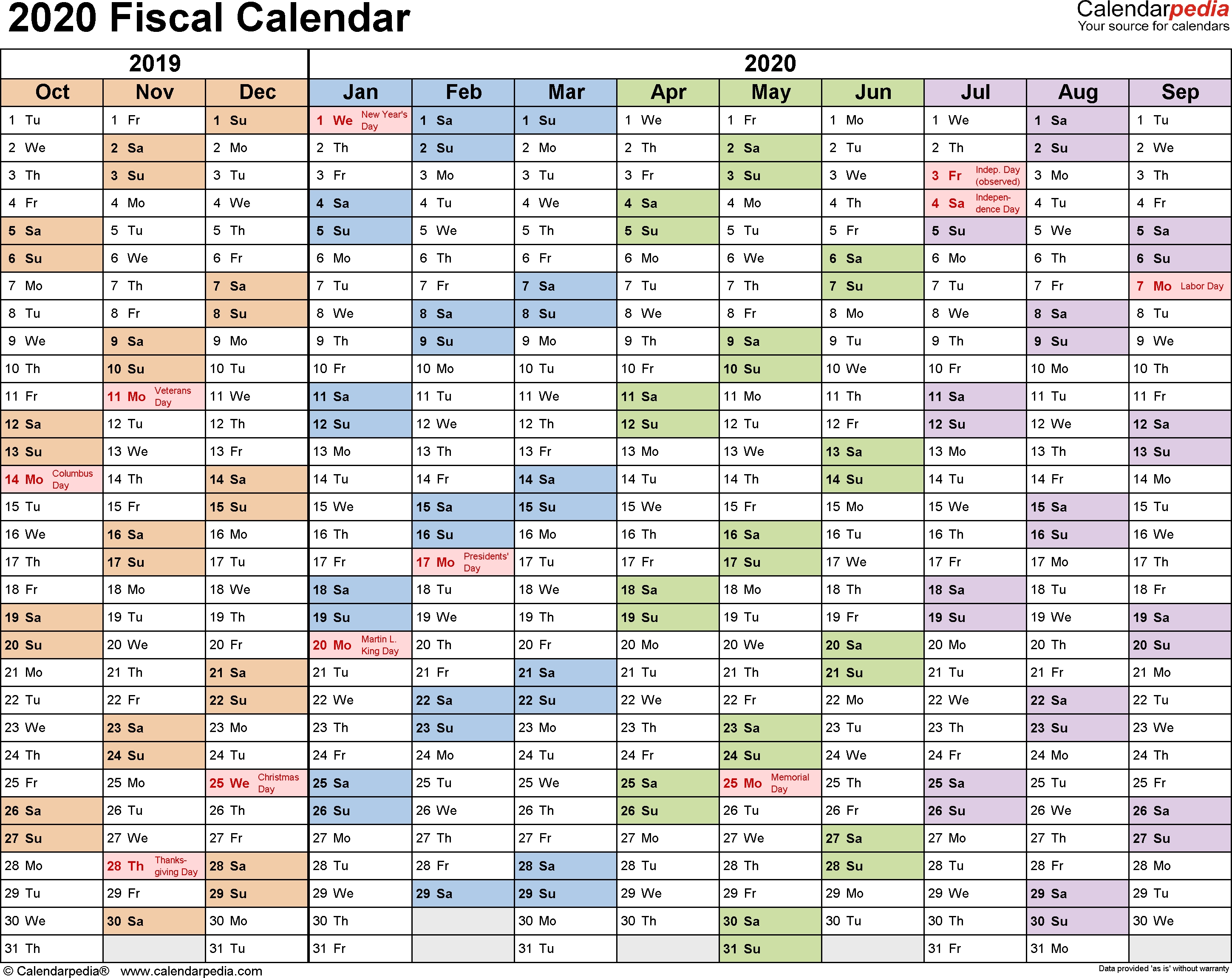 Fiscal Calendars 2020 As Free Printable Pdf Templates regarding Tax Week Calendars 2019/2020