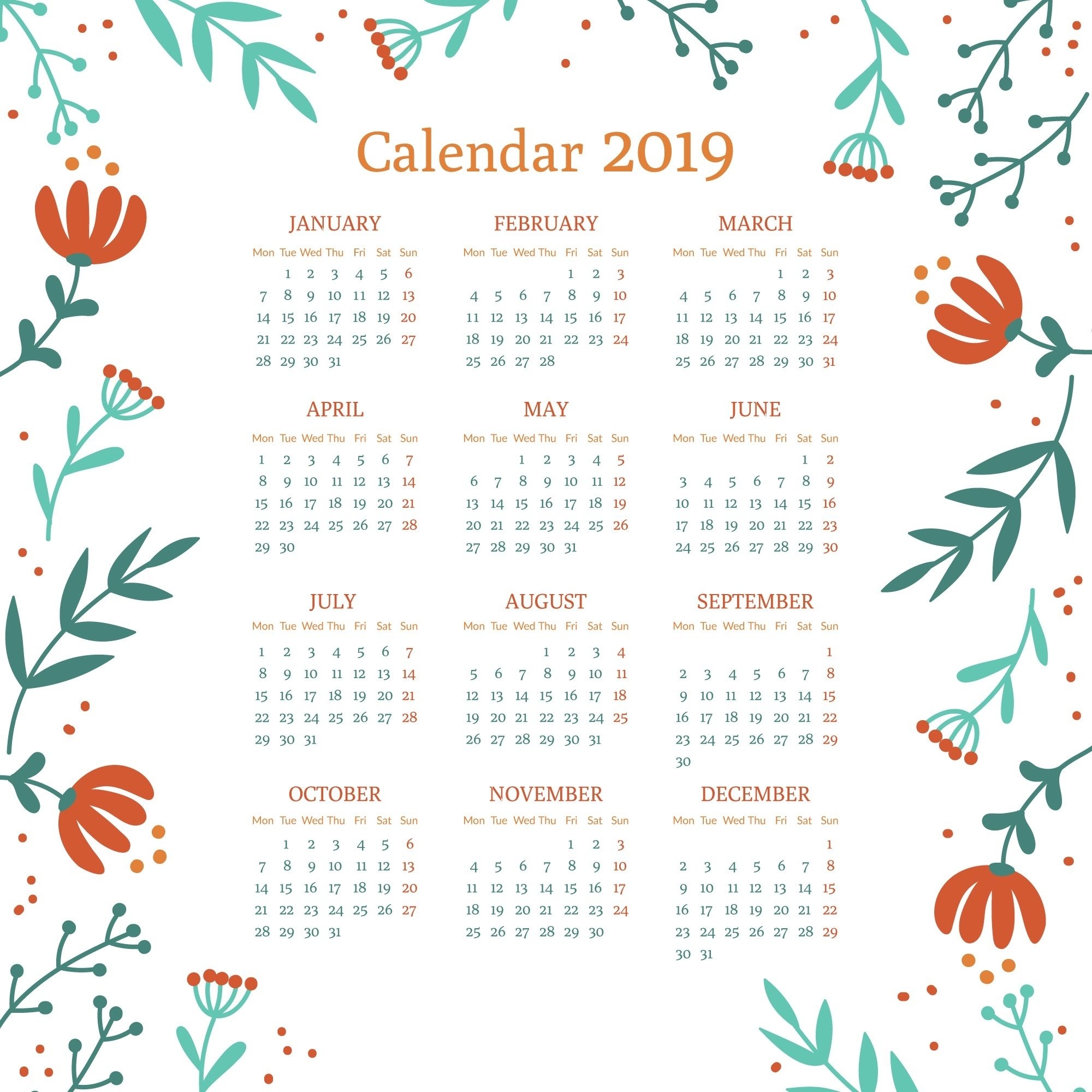 Floral 2019 Printable Calendar #2019Calendar #printablecalendar within 5X 7 Printable 2019-2020