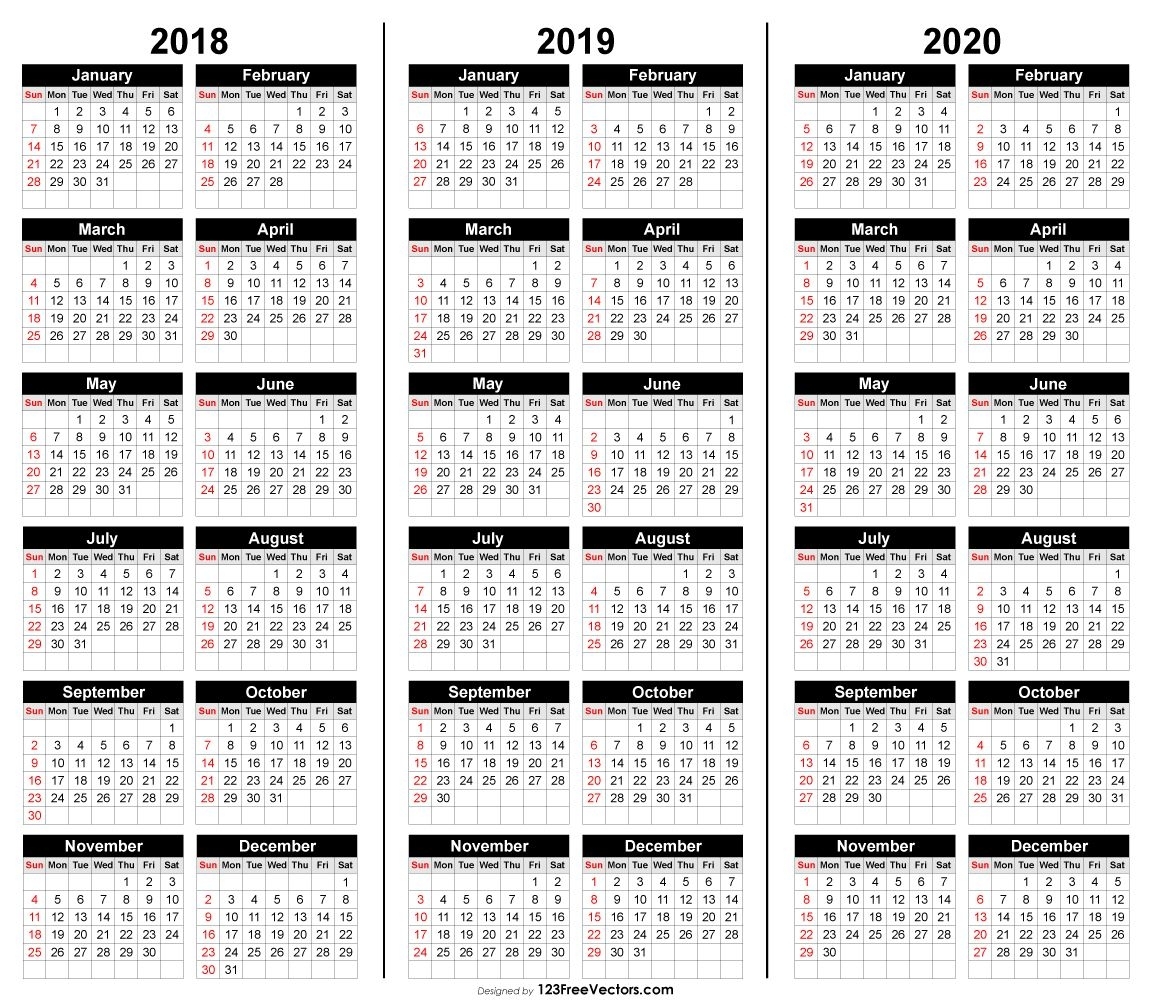 Free 3 Year Calendar 2018 2019 2020 | 2019 Calendar | Calendar 2020 inside 3 Year Calendar Printable 2018 2019 2020