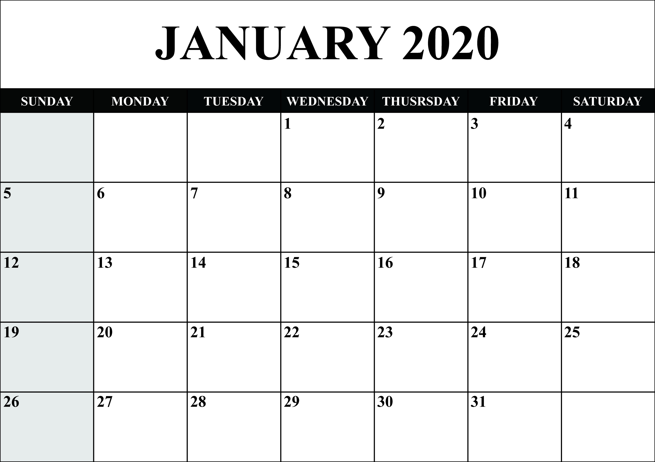 Free Blank January 2020 Calendar Printable In Pdf, Word, Excel with regard to Outlook Calendar 2020