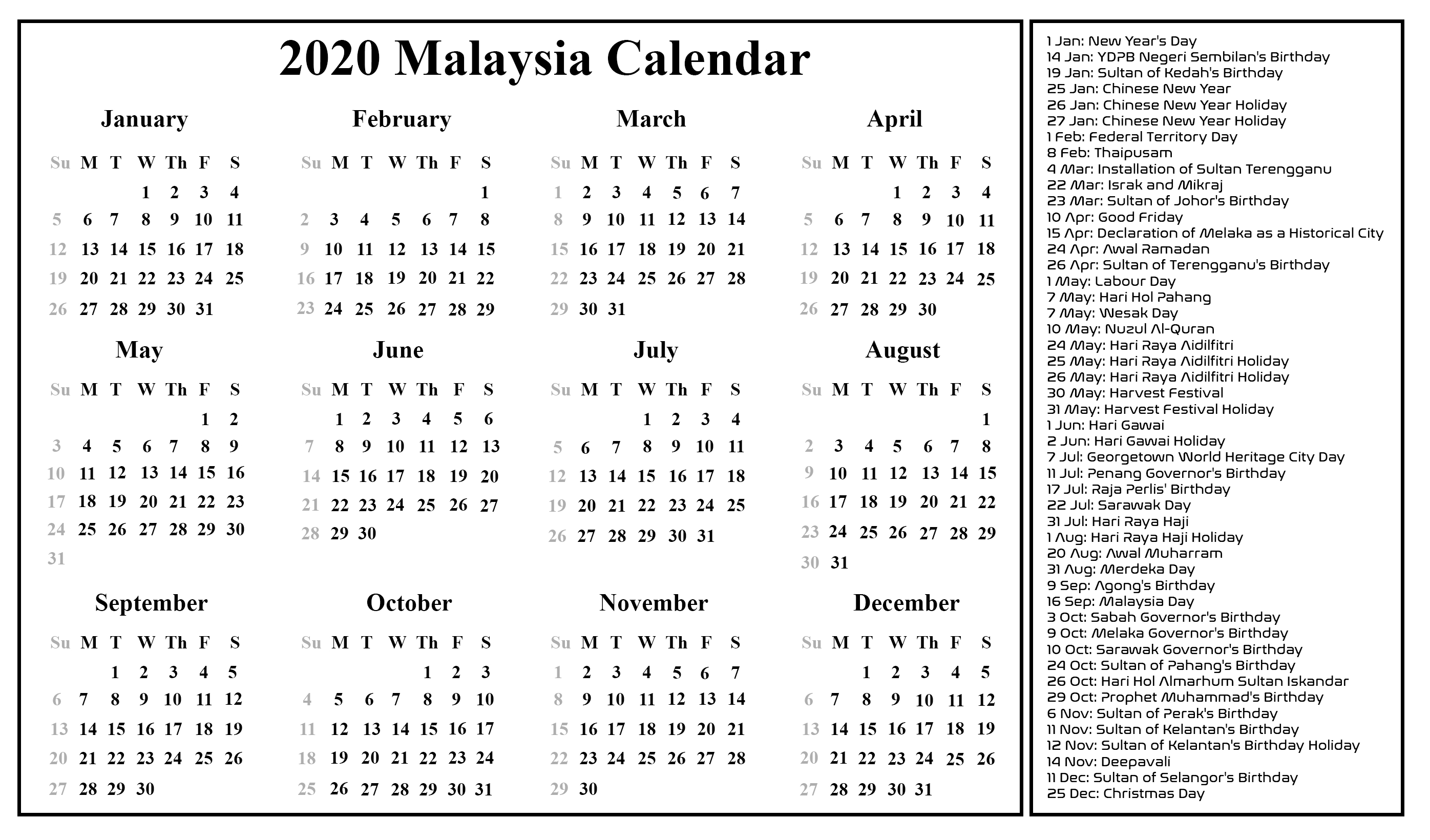 Free Blank Malaysia Calendar 2020 In Pdf, Excel &amp; Word Format inside Malaysia 2020 Calendar