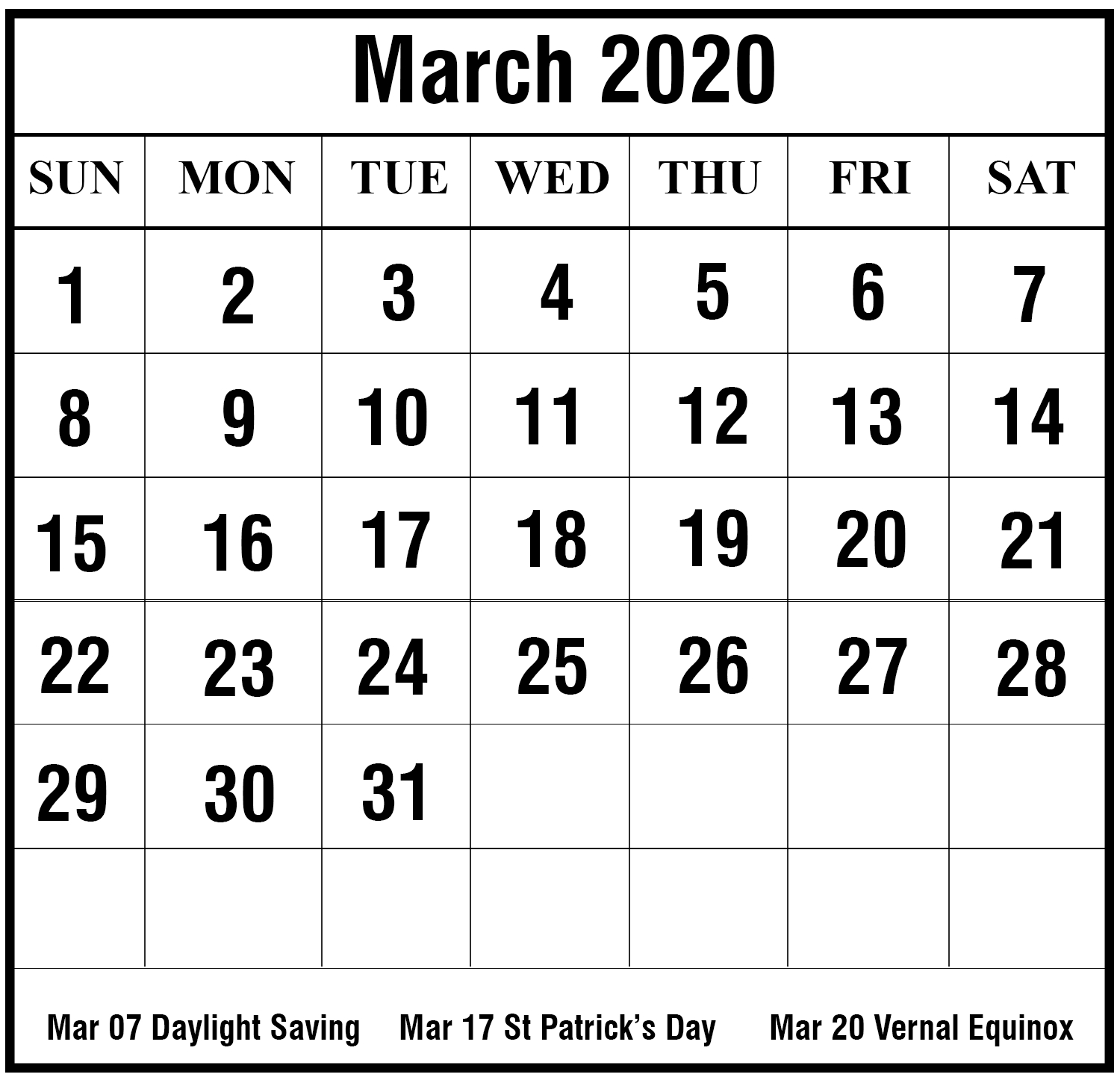 Free Blank March 2020 Printable Calendar In Pdf Excel &amp; Word for Blank 2020 Calendars To Edit