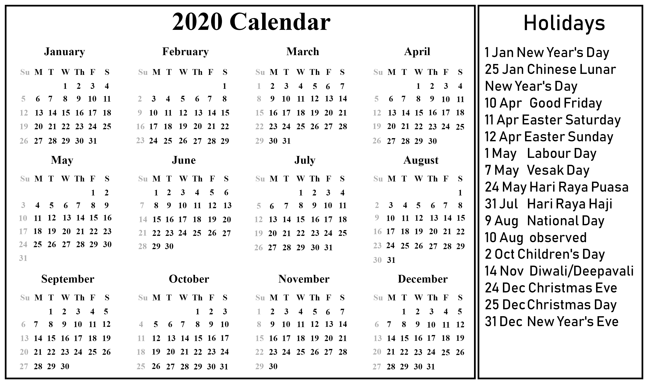 Free Blank Singapore Calendar 2020 [Pdf, Excel &amp; Word] Format within 2020 Calendar Sunday To Saturday