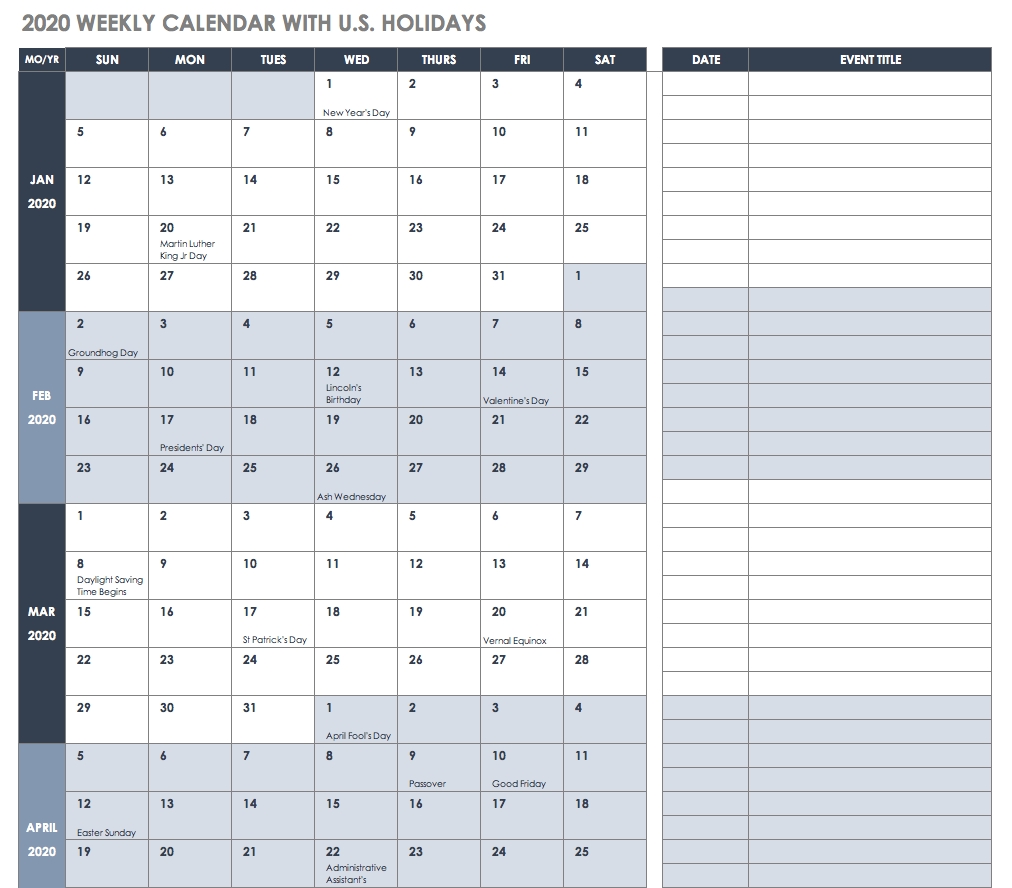 Free Excel Calendar Templates within Gant Chart Calendar Year In Weeks For 2020