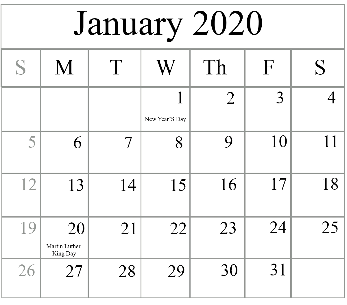 Free January 2020 Printable Calendar In Pdf, Excel &amp; Word pertaining to Free Printable Calendar For 2020 With No Download