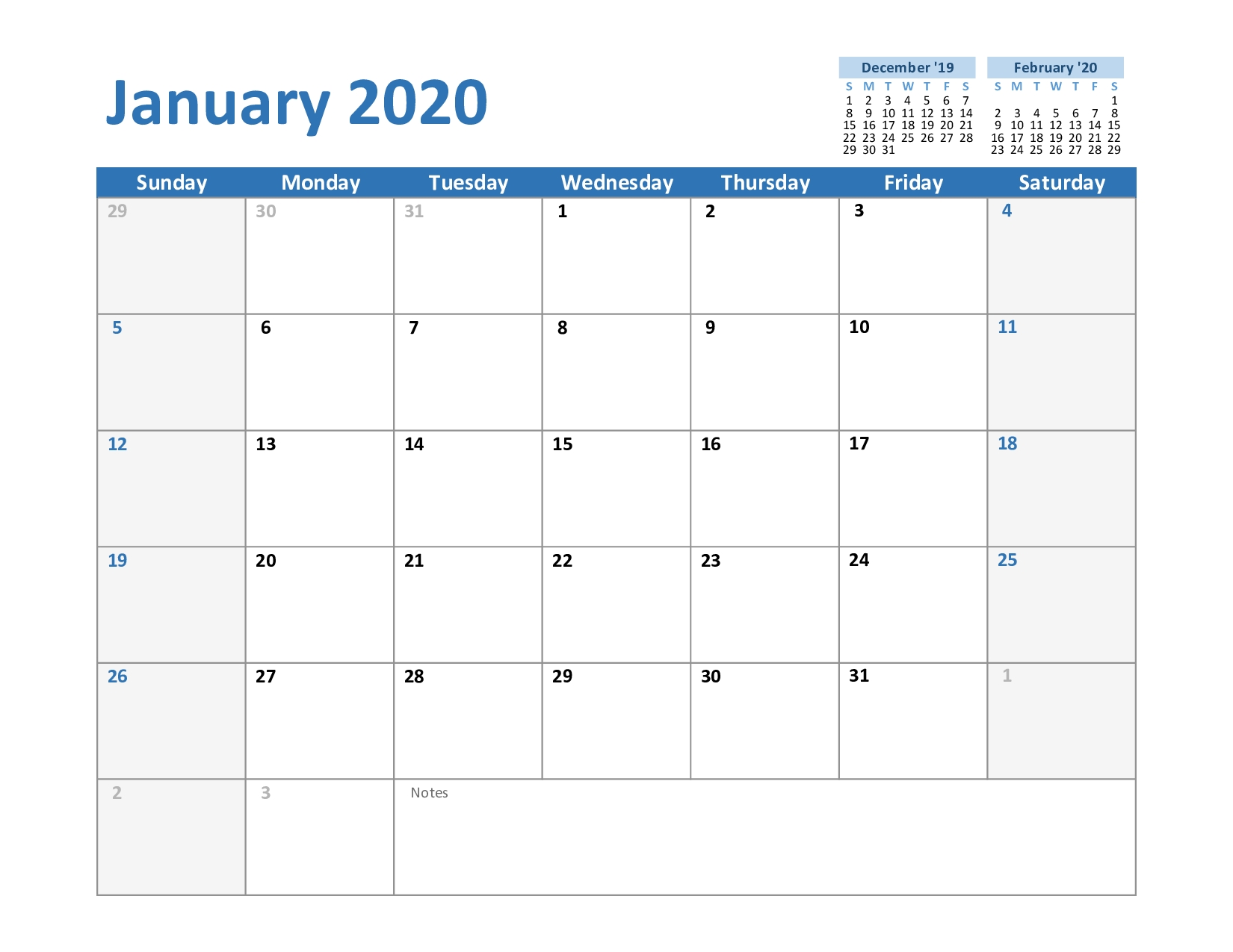 Free January 2020 Printable Calendar Template In Pdf, Word, Excel inside Special Days Of The Year 2020