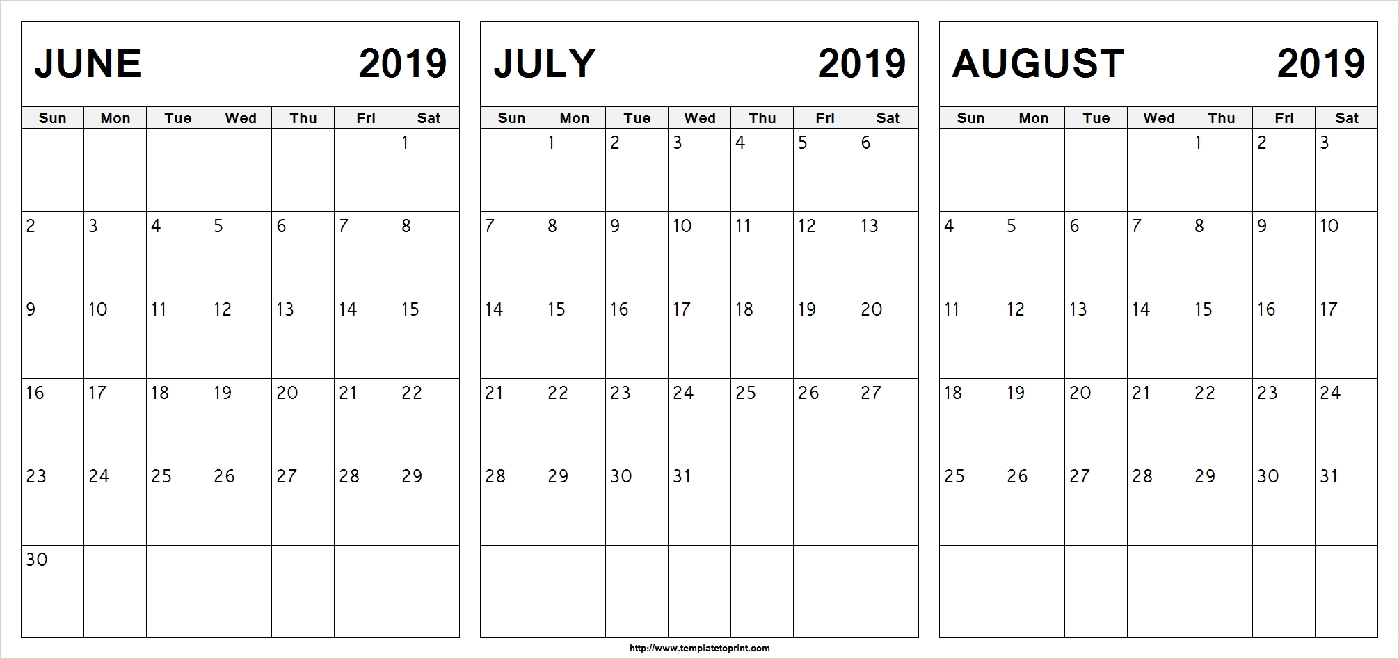 Free June July August 2019 Calendar (3 Months) Printable Template with Calendar For June July