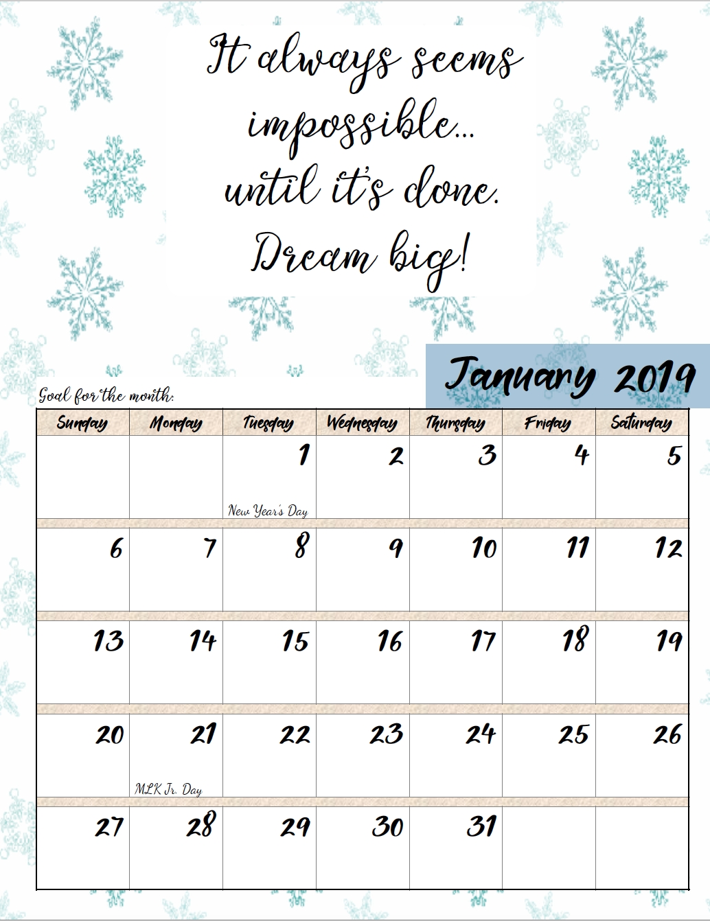 Free Printable 2019 Monthly Motivational Calendars throughout Free Printable Calendar 2020 Motivational