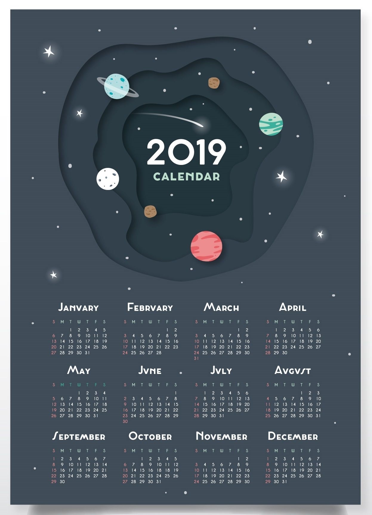 Free Printable 2019 Wall Desk Calendars Designs | Monthly Calendar throughout Printable Neon 12 Month Blank Calendar