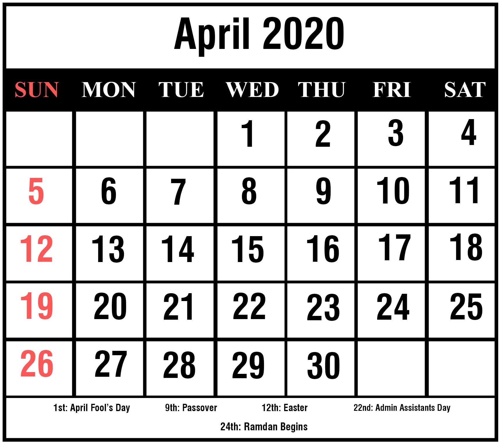 Free Printable April 2020 Calendar Templates [Pdf,word,excel with 2020 Calendar Printable Singapore