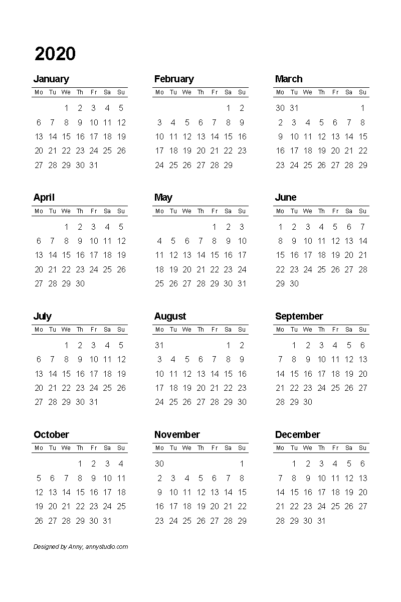 Calender 2020 Template Monday To Sunday