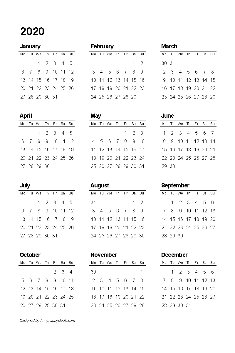 Free Printable Calendars And Planners 2019, 2020, 2021, 2022 inside 2020 Printable Calendar Starting With Monday