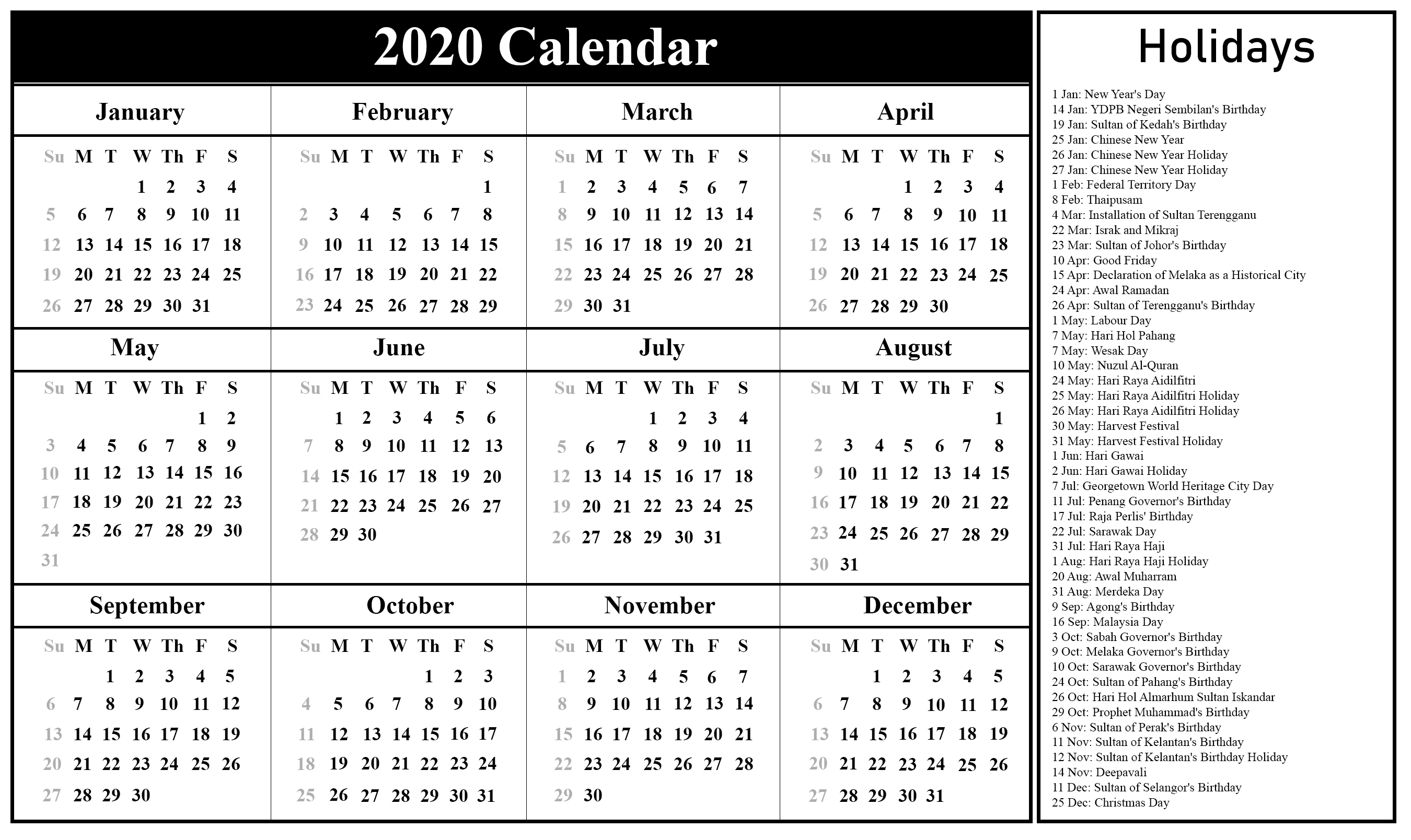 Free Printable Malaysia Calendar 2020 In Pdf, Excel &amp; Word Format with regard to Malaysia 2020 Calendar