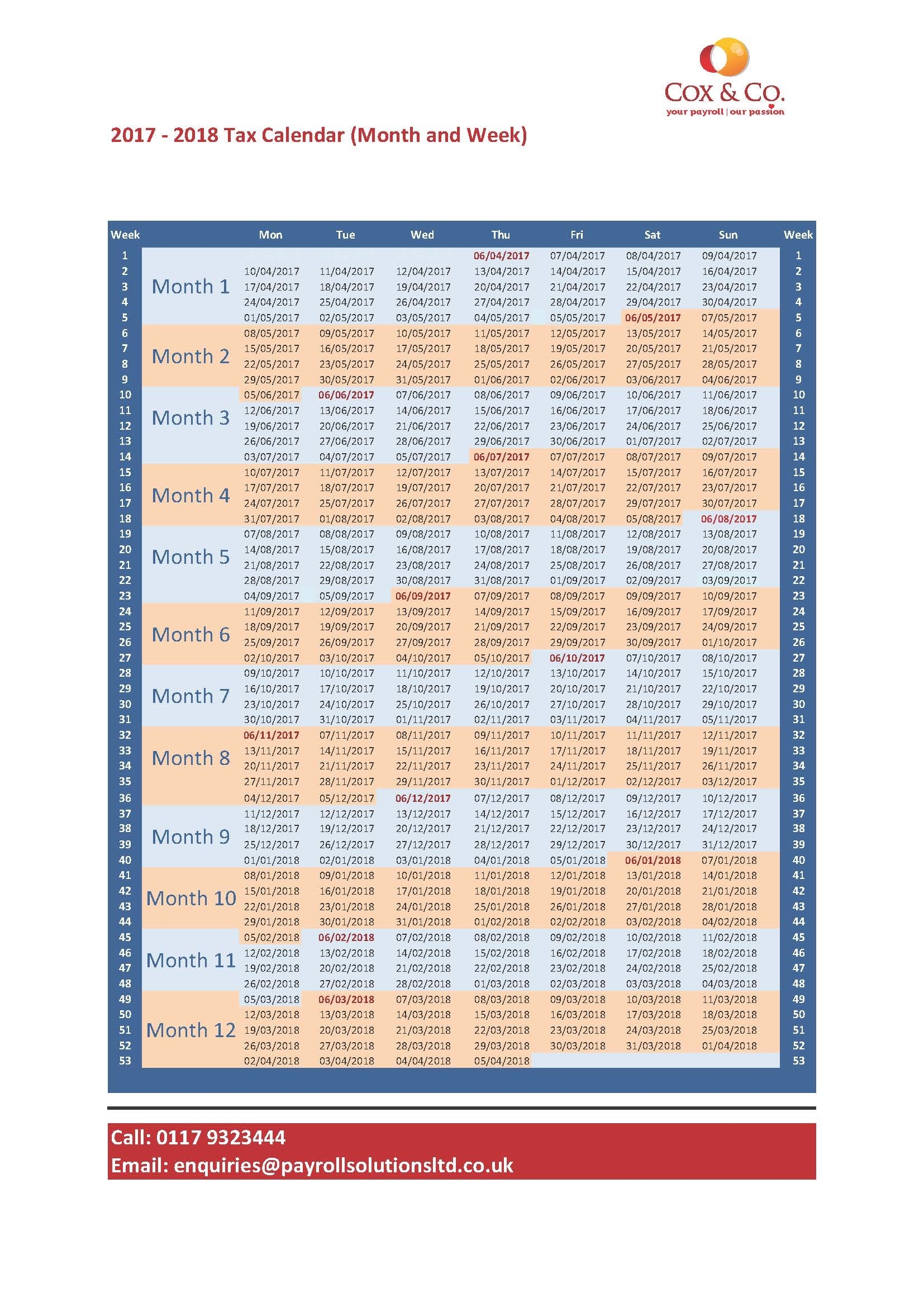 Free Tax Week &amp; Month Payroll Calendar - intended for Hmrc Tax Calendar 2019 2020