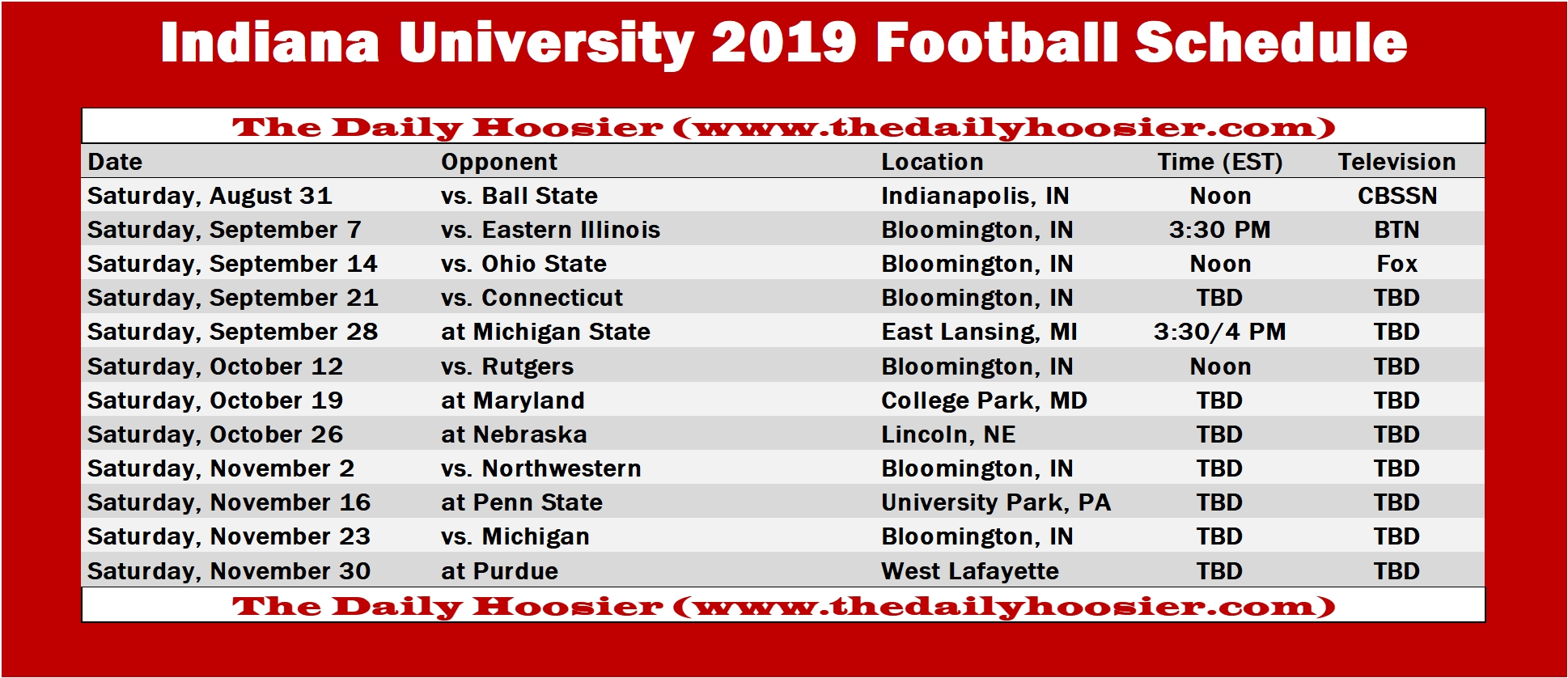 Indiana Football: The 2019 Schedule | Printable Version – The Daily intended for 2019 - 2020 Nfl Schedule Printable