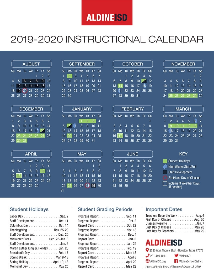 Inside Aldine – Aldine Isd Board Approves 2019-2020 School Calendar pertaining to Calendar 2019-2020 Important Dates