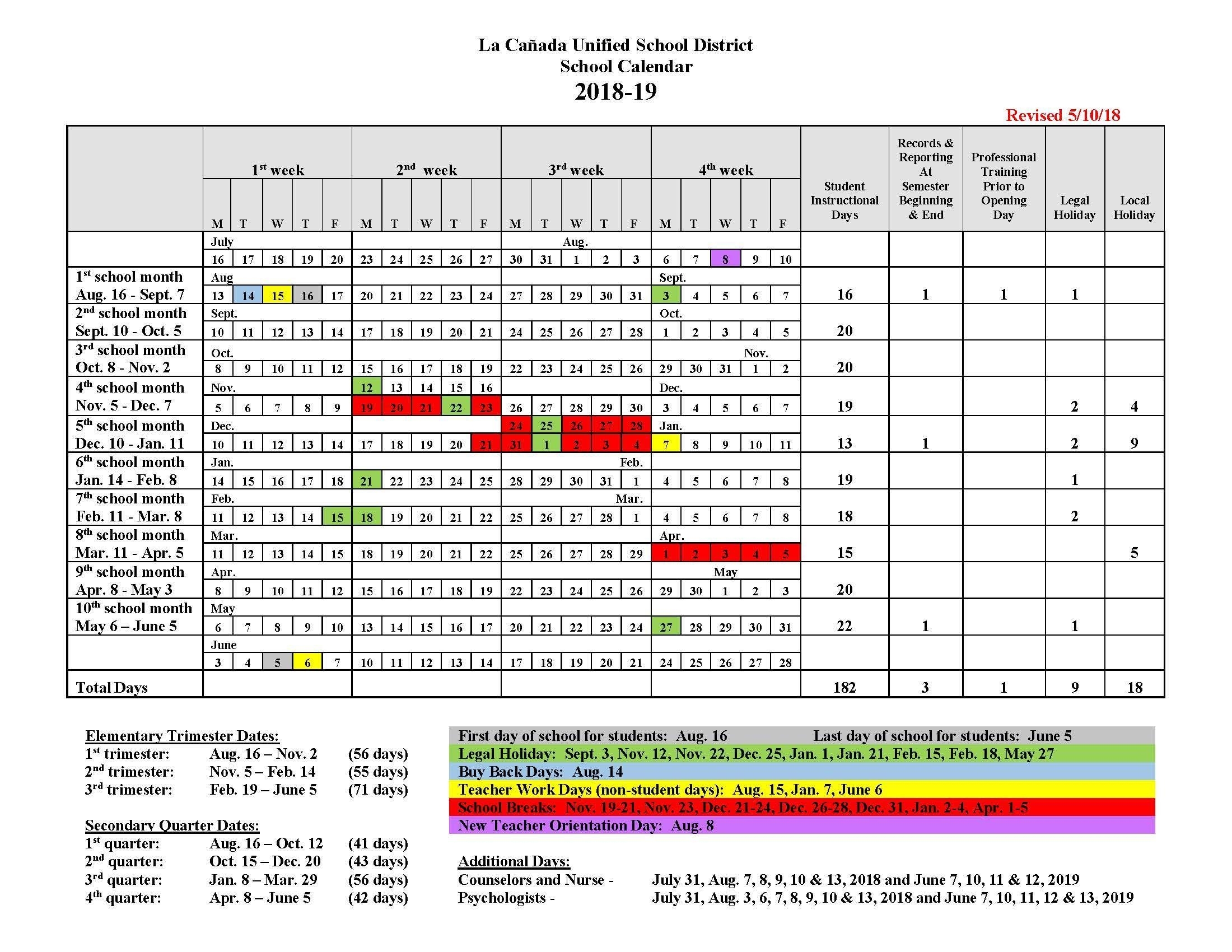 Instructional Days Calendars – Yearly Calendars – La Cañada Unified for U Of R 2020 Calendar