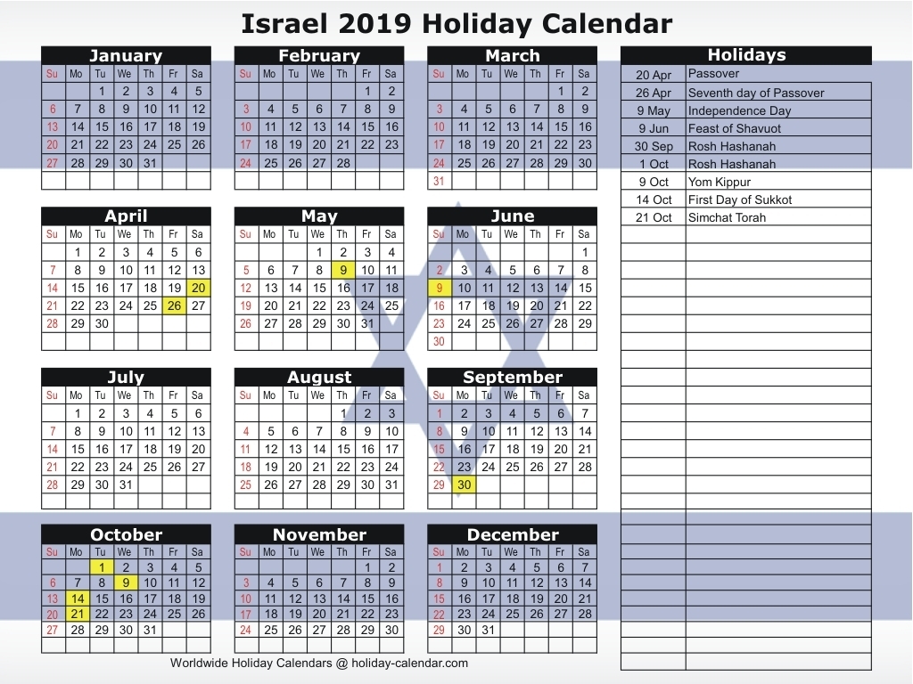 Israel 2019 / 2020 Holiday Calendar for Ewish Calendar 2019 - 2020