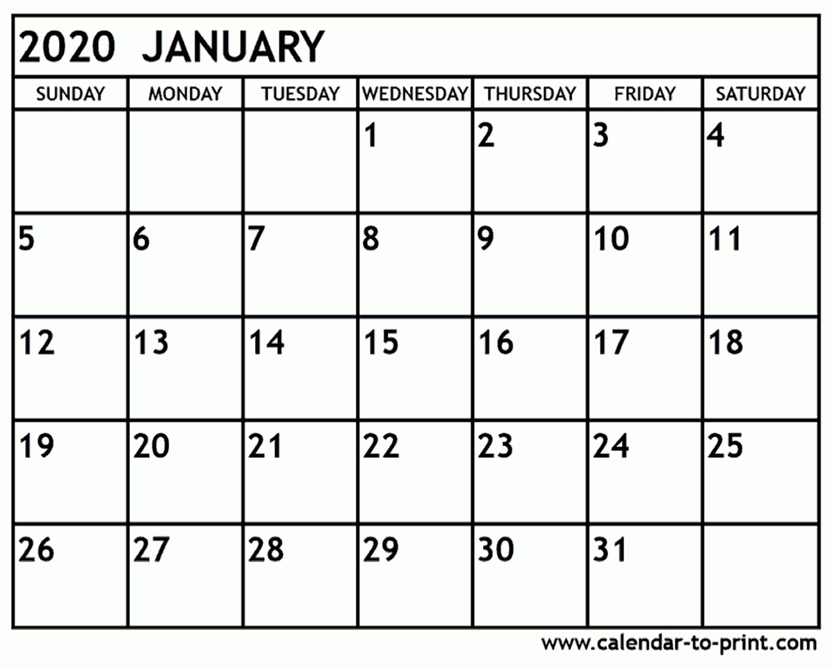 January 2020 Calendar Printable within 2020 Free Printable Calendar Large Numbers