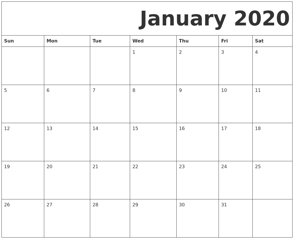 January 2020 Free Printable Calendar inside Free Calendars 2020 Start With Monday