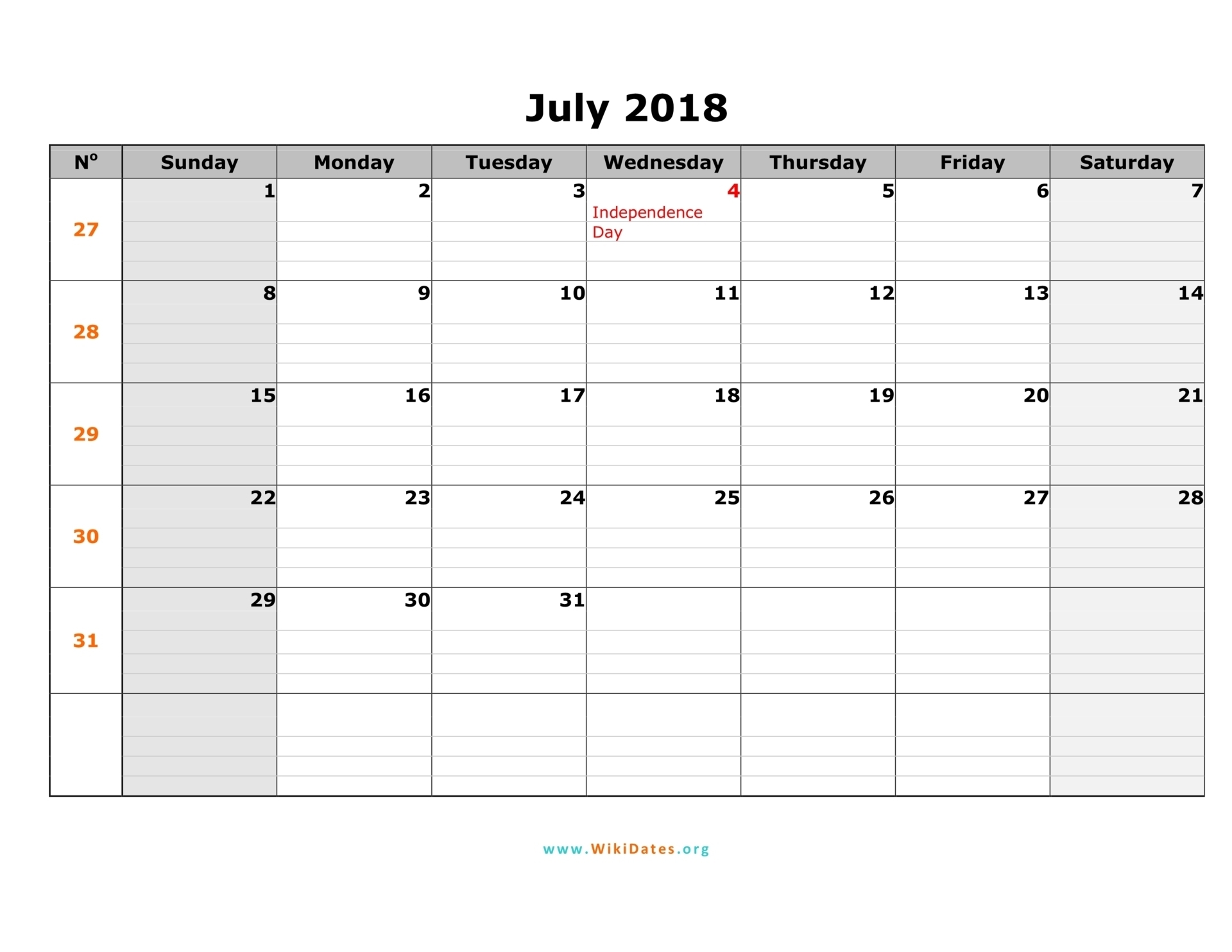 July 2018 Calendar | Wikidates with Calendar Template Monday To Sunday